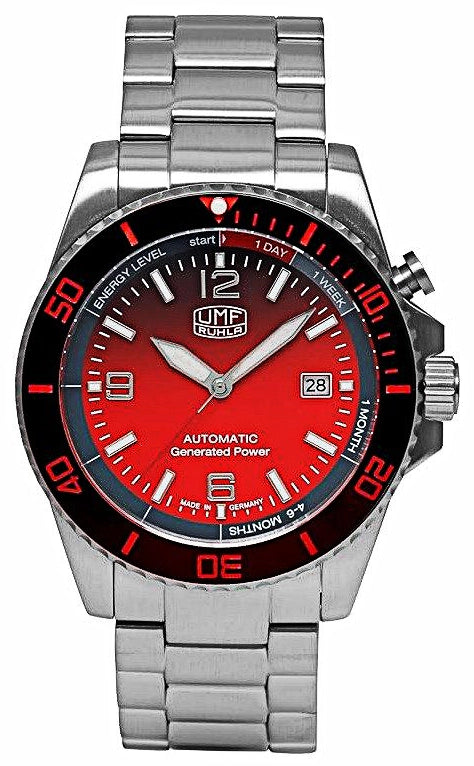 Herrenuhr rot mit Edelstahl-Gliederarmband – UMF-Ruhla Modell: 1072M-5