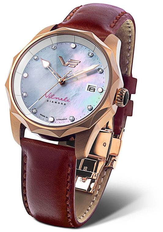 Damenuhr roségoldfarben mit Lederarmband – Vostok Europe Modell: VS42-125B754