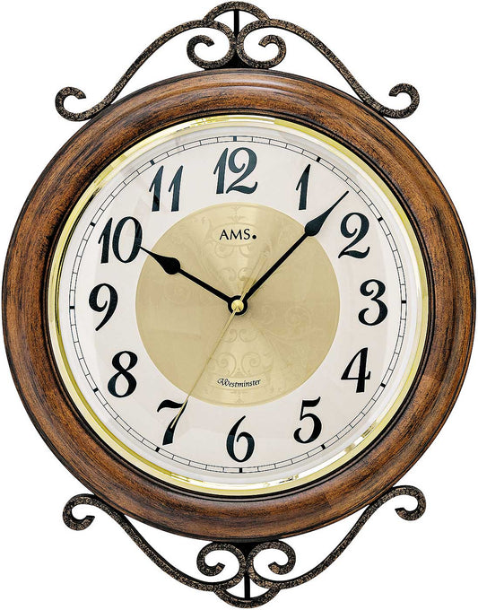 AMS Wanduhr 37 cm Ø Holz • Westminster Melodie • Quarz Uhrwerk