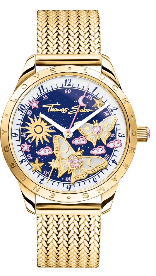 Damenuhr Zifferblatt blau, Schmetterlingsmotiv und arabischen Ziffern - Thomas Sabo Modell: WA0430-291-207