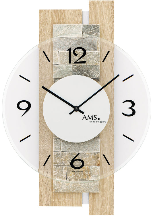 AMS Wanduhr 40x28x6 cm Holz • Geräuschloses Quarzwerk • Modernes Design • Mit Naturstein-Auflagen