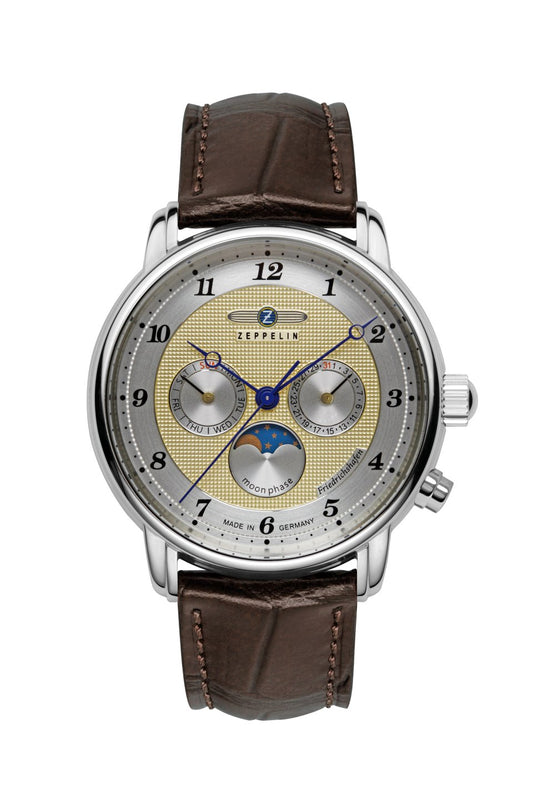 Zeppelin Herrenuhr Modell: 8536-5 mit Gold/Silberfarbenem Zifferblatt und Lederarmband